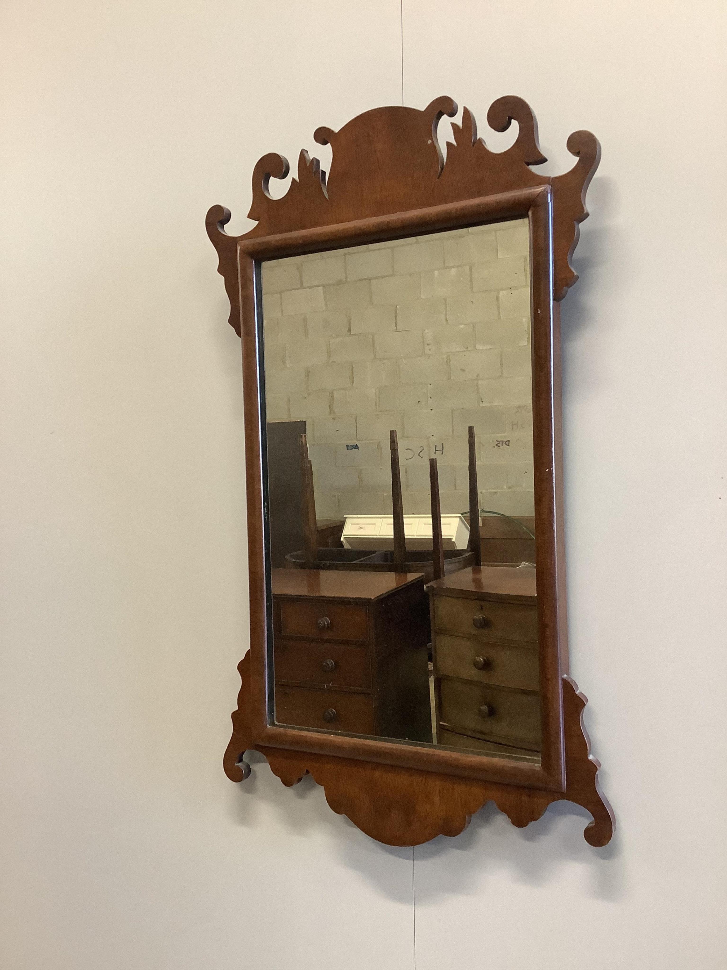 A Victorian rectangular beadwork stand, width 55cm, an Edwardian inlaid tea tray and a fret cut wall mirror. Condition - good